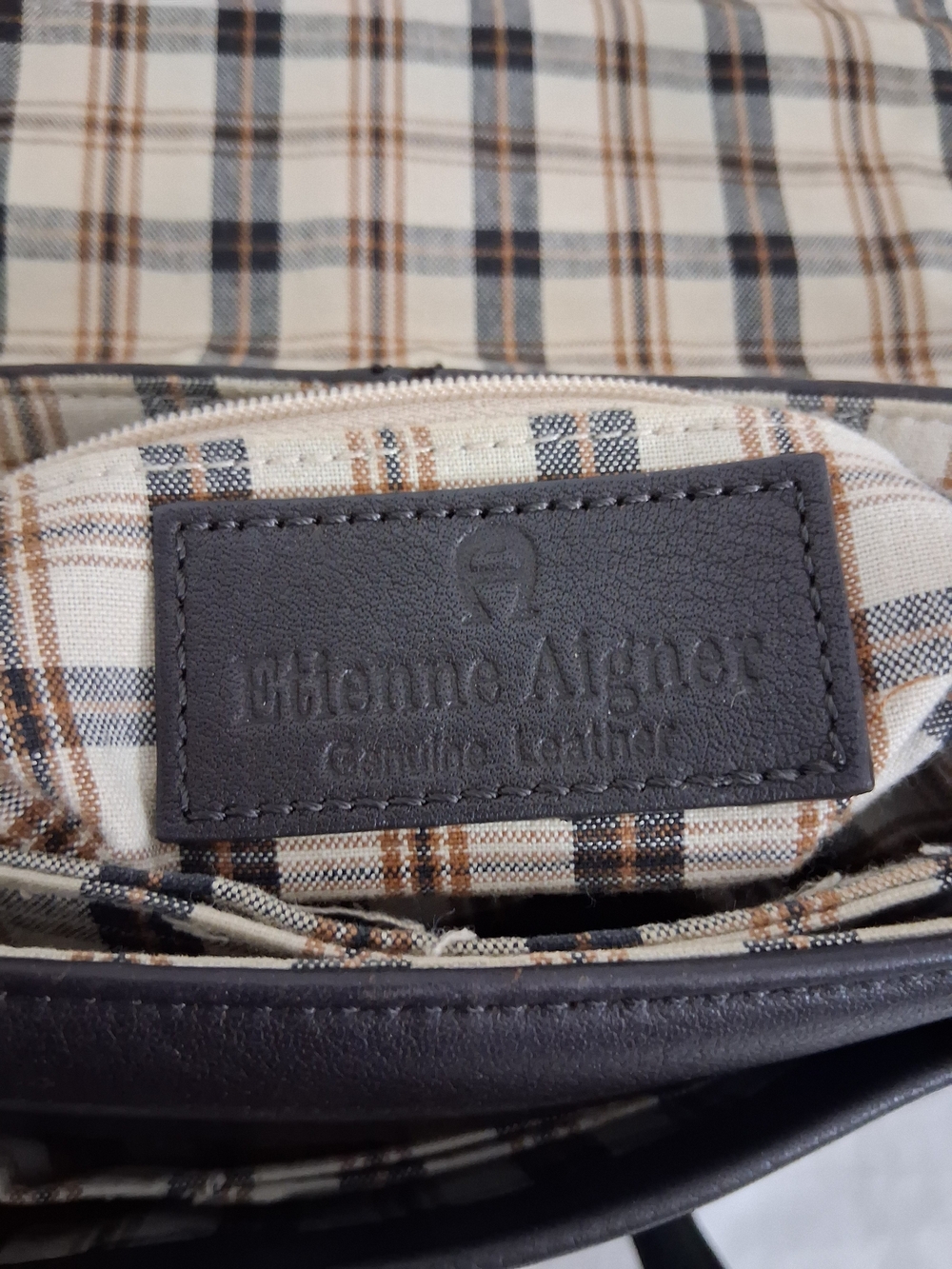 Etienne Aigner Brown Leather Crossbody with Plaid Lining